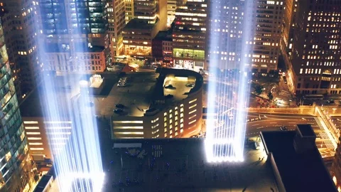 Drone footage with pullback away from New York City skyscrapers Stock Footage 120253595