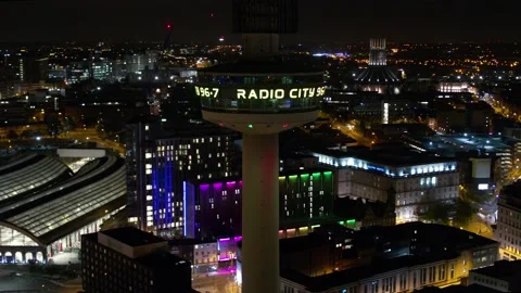 Drone footage of Radio City Tower, Liverpool UK Stock Footage