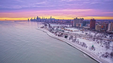 Drone footage revealing the Loop district of Chicago at sunrise in winter. Stock Footage 332131689