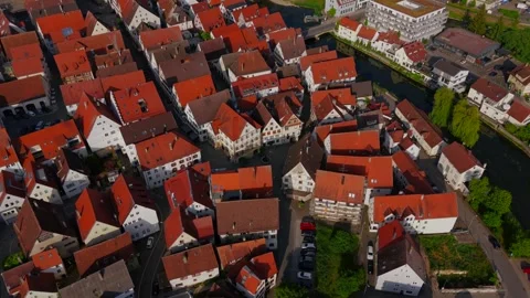 Drone footage of Riedlingen Germany capturing historic district St. Georg tower Stock Footage 336096789