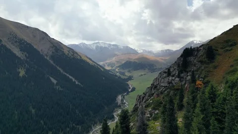 Drone footage of river flowing through mountain gorge with snowy peaks, forest Video stock 250749231
