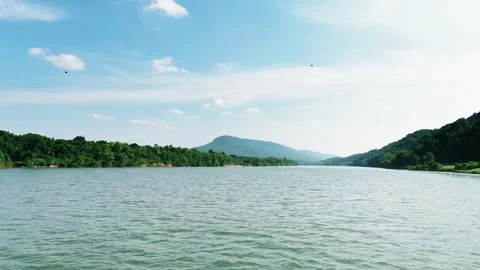 Drone Footage of River Flowing Through Dense Forest with Mountain Stock Footage 314692747