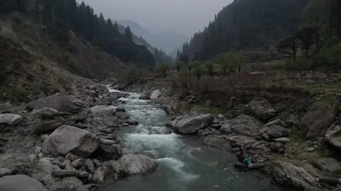 Drone Footage of River Winding Through Majestic Himalayan Valley Video stock 313382482