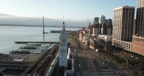 Drone footage of San Francisco's Ferry Building during Shelter in Place Stock Footage
