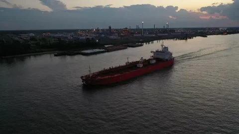 Drone Footage of Ships Sailing Down the Mississippi River in Louisiana Stock Footage 165995272