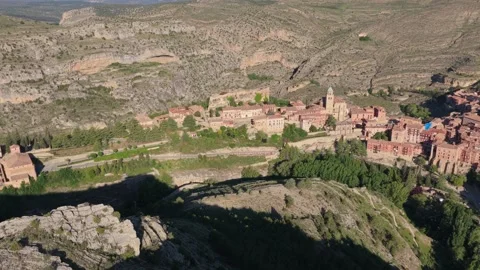 Drone footage showcasing the medieval town of Albarracin in Spain, featuring its Stock Footage 346716622