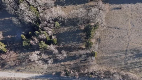 Drone footage showing an overhead view of a winding road cutting through a Stock Footage 346691435