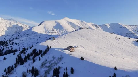 Drone footage showing a panoramic view of Mont Joly and the Megeve ski resort in Stock Footage 346664561