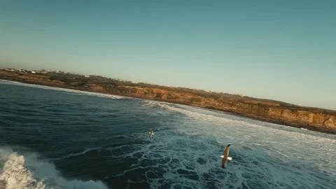Drone footage shows waves breaking near rocky coastline during golden hour Stock Footage 339792404