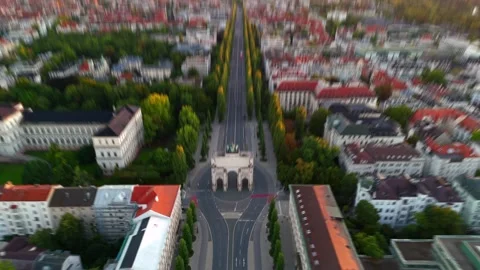 Drone footage of Siegestor in Munich, capturing historic triumphal arch Stock Footage 316603418