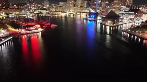 Drone footage of the skyline of Baltimore City at night in Maryland, United Stock Footage 254144953