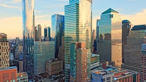 Drone footage with slow pull back away from New York City skyscrapers Video stock 118407739