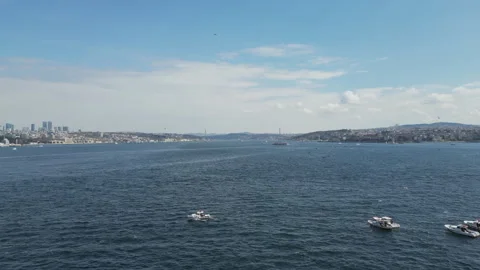 Drone footage of small vessels navigating Bosphorus near Istanbul. Stock Footage 328913191