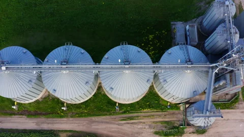 Drone footage top down view, agro silos granary elevator. Farm building. Stock Footage 285044407