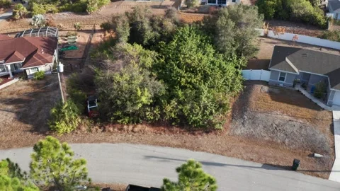 Drone Footage of Tree-Covered Lot Between Modern Homes on Quiet Street Stock-Footage 334012437