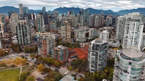 Drone Footage of Vancouver's West End Towers Above English Bay Stock-Footage 345983876