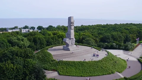 Drone footage of Westerplatte Monument in memory of the Polish defenders, a p Stock-Footage 107015266