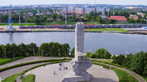 Drone footage of Westerplatte Monument in memory of the Polish defenders, a p Stock Footage 107171119