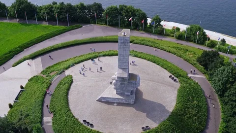 Drone footage of Westerplatte Monument in memory of the Polish defenders. Stock Footage 107173711