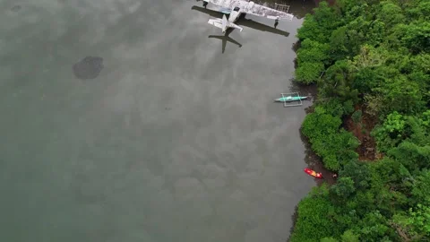 Drone footage of a wreck plane half submerged in Philippines Video stock 244473030