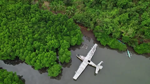 Drone footage of a wreck plane half submerged in Philippines Stock-Footage 244473268