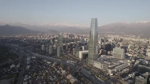 Drone Forward Aerial Shot Approaching Santiago Cityscape And Gran Torre Santiago Stock Footage 345606422