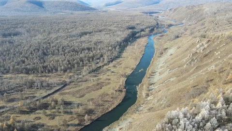 Drone Forward Flight Along River Through Golden Autumn Forest Arxan Stock Footage 330236713