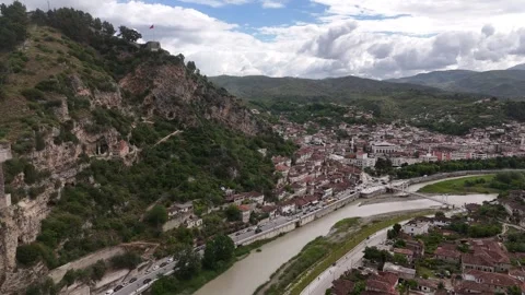 Drone Forward Flight Over Osum River and Ottoman Quarters in Berat, 4K Stock Footage 337178380