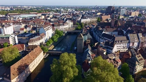 Drone forward flight over Ponts Couverts and La Petite France in Strasbourg Stock Footage 339057987