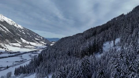 Drone Forward Flight Over Snow-Covered Forest Leading to Snowy Mountain Stock Footage 331998482