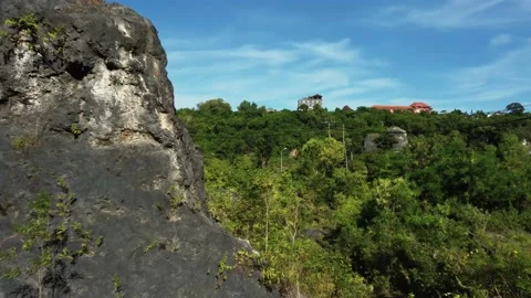 Drone forward flight over the trees between rocks Stock Footage 152350857