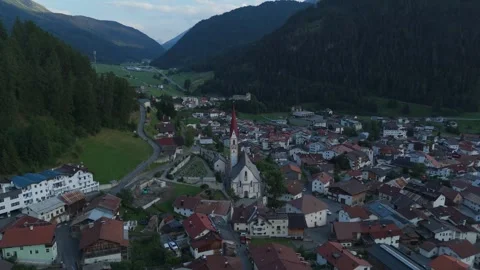 Drone Forward Flight Towards Historic Church In Nauders Alpine Village Austria Stock Footage 340779698