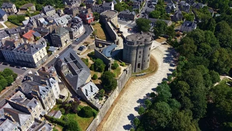 Drone forward flyover above Château de Dinan medieval keep and fortress France Stock Footage 340211305