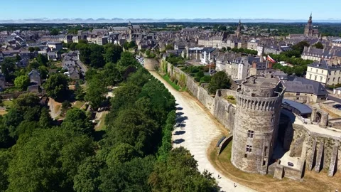 Drone forward flyover above Château de Dinan and medieval ramparts Brittany Stock Footage 340274913
