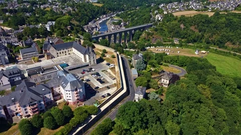Drone forward flyover above Château de Dinan and Rance Valley France Stock Footage 340274951