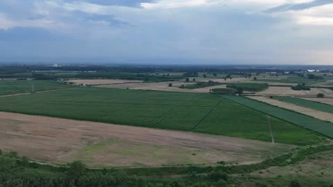 Drone forward flyover above irrigated farmland near Isola Serafini Dam in the Stock Footage 340604119