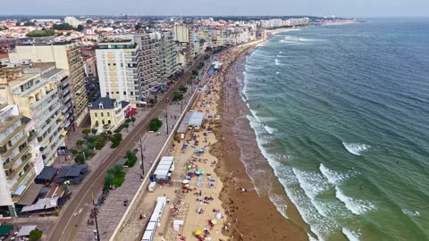 Drone forward flyover ascending above Grande Plage in Les Sables dOlonne Stock Footage 340600033