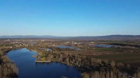 Drone forward glide over lake, panoramic aerial shot Video stock 331820758