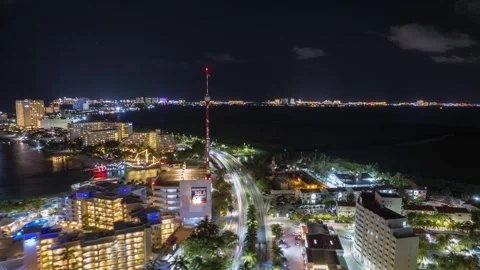 Drone forward Hyperlapse of Cancún city at night, México. Aerial shot at Video stock 247869626