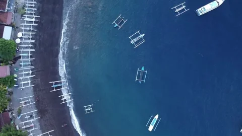 Drone Forward Movement Over Beach with Anchored Boats Stock-Footage 333554700