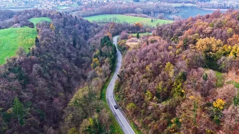 Drone Forward Over Winding Road Through Autumn Forest Near Lago d'Iseo 動画素材 336709105