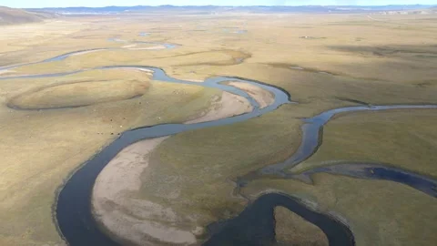 Drone Forward Push Over Meandering River Hulunbuir Grassland Stock Footage 331424473