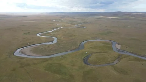 Drone Forward Push Over Meandering River Landscape Hulunbuir Stock Footage 331426558