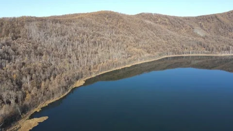 Drone Forward Push Toward Arxan Heavenly Lake Autumn Inner Mongolia Stock Footage 330235898