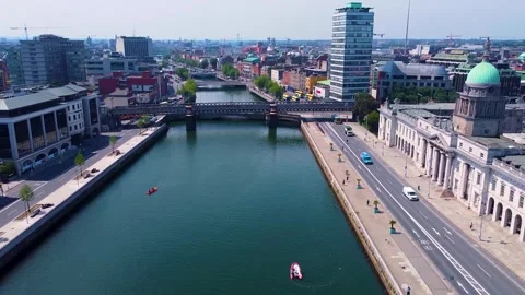 Drone Forward Shot of River Liffey Dublin City Ireland Custom House Stock Footage 272599526