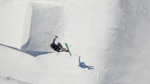Drone Freestyle Ski Athlete Jumping trick Slow Motion 4K Stock Footage 156073616