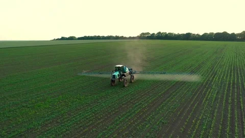 Drone in front view a sprinkler tractor processes a soybean field with chemicals 스톡 동영상 248050571