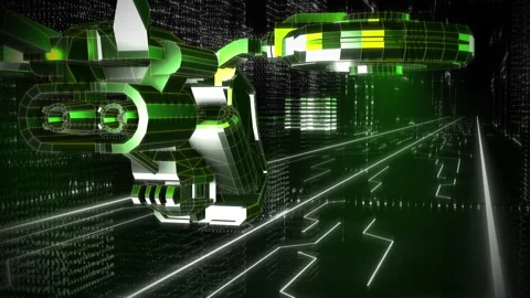 Drone from the future is flying above the Digital City inside of Virtual Reality Video stock 155698357