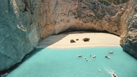 Drone getting close to the shipwreck of Navagio in Zakynthos Stock Footage 291671382