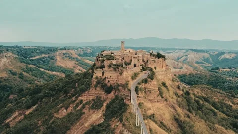 Drone getting close to the unique village of Civita Bagnoregio Stock Footage 292809331